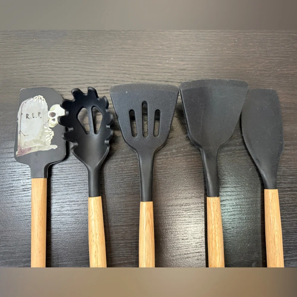 Bamboo Handle Silicone Kitchen Utensil Set 5-Piece Black Non-Scratch